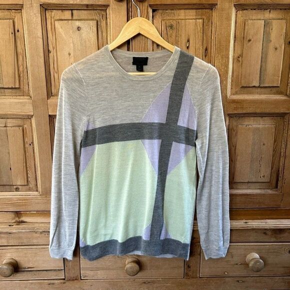 J. Crew Medium Italian Cashmere Sweater Colorblock Geometric‎ SOFT Mint Purple - Picture 1 of 10